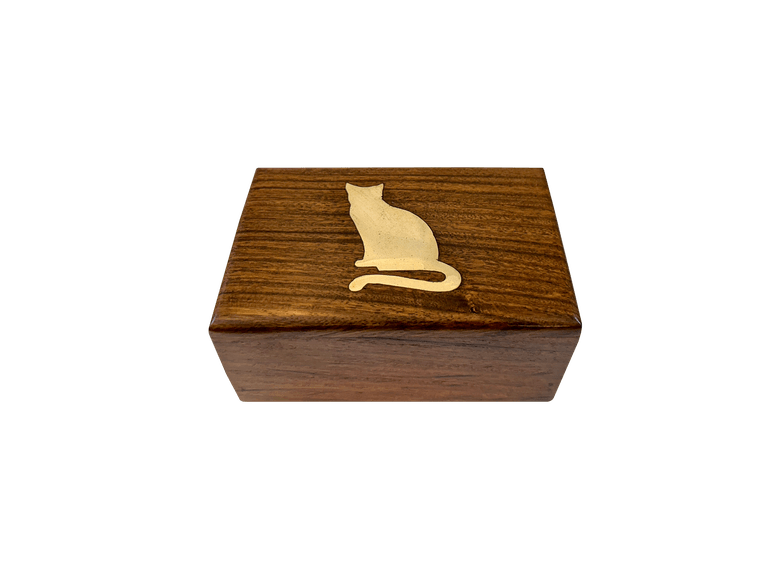 a small sheesham urn with a seated cat inlaid in brass on the lid