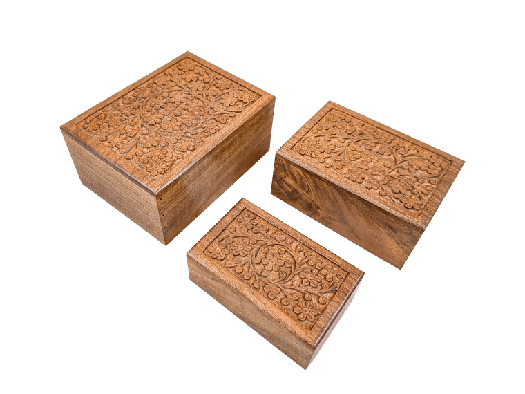 three wooden urns with a dense flowering vine hand-carved across the full lid