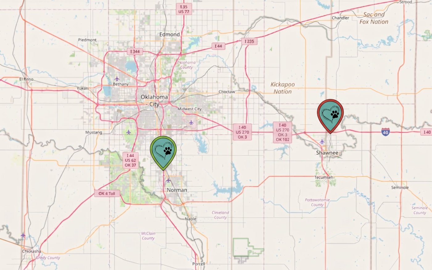 Map of central Oklahoma showing our Norman and Shawnee locations