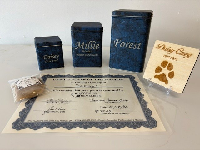 basic package contents: engraved metal urns in three sizes, a wooden paw print keepsake, a certificate of cremation, and a bagged clipping of hair
