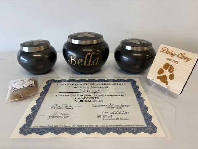 premium package contents: brass urns with paw print lids, a wooden paw print keepsake, a certificate of cremation, and a bagged clipping of hair