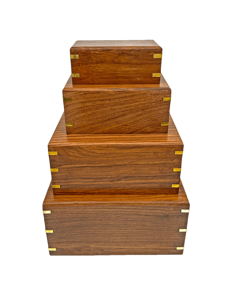 four stacked sheesham urns with domed lids and brass splines at every corner
