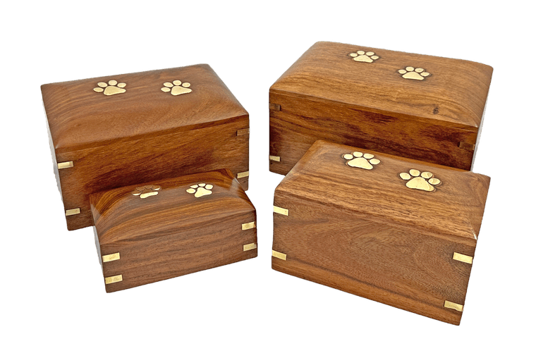 four sheesham urns with domed lids, each inlaid with two brass paw prints